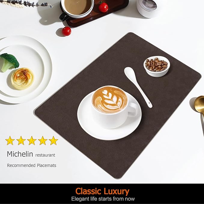 Vinyl Placemats Set of 8 Faux Leather 100% Waterproof Wipeable Washable Place Mats Heat Resistant Easy Clean Non-Slip Table Mats for Indoor Outdoor. (8,Coffee)