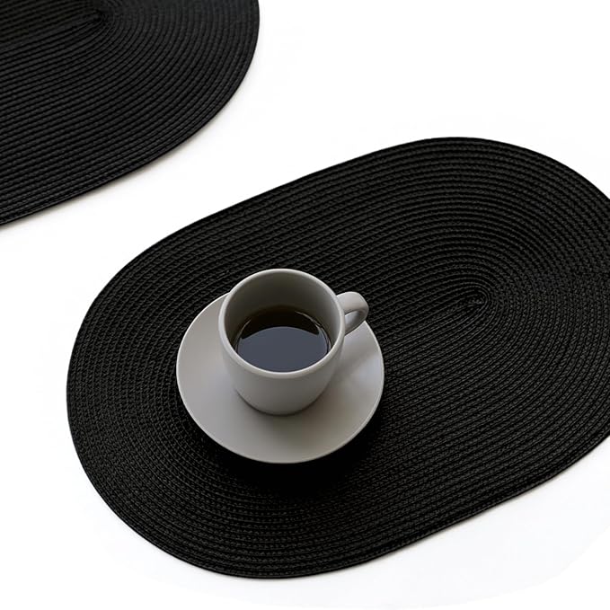 FunWheat Oval Braided Placemats Set of 8 Table Mats for Dining Tables Washable Heat Resistant Place Mats for Indoor Outdoor Use 12 x18 Inch(Oval Black, 8pcs)