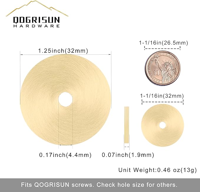 QOGRISUN 10-Pack Solid Brass Cabinet Knobs Back Plates, Rounded Ring Cabinet Pulls BackPlates,1.25-Inch Diameter, Cabinet Hardware, Brushed Brass Finish