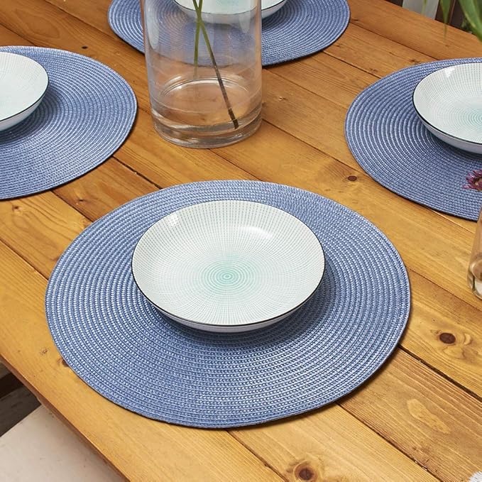AHHFSMEI Round Braided Placemats 15 Inch Round Table Mats for Dining Tables Natural Woven Heat Resistant Place mats Set of 8 (Light Blue,8)