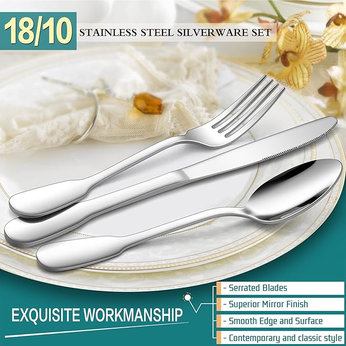 18/10 Silverware Set, E-far 40-Piece Stainless Steel Flatware Cutlery Set Service for 8, Metal Tableware Eating Utensil Sets for Home/Restaurant/Wedding, Elegant & Classic Style - Dishwasher Safe