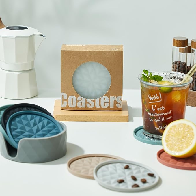 Silicone Coasters for Drinks[6 Pack]- Cup Mat with Holder for Tabletop Protection-Non-Slip, Non-Stick, Coffee Table Decor, Great Gift for Any Occasion, Translucent