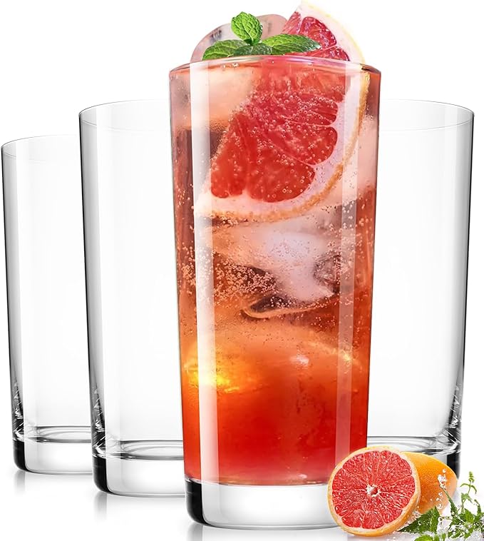 LUNA & MANTHA Drinking Highball Glasses Set of 4, Water Glasses 16 oz, Wide Mouth Design Lead-Free Crystal Glassware, Tall Glass Cups for Mojito and Tom Collins, Cocktail
