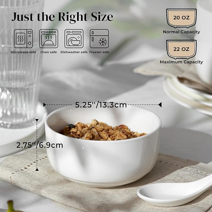 DOWAN White Ceramic Bowls Set of 6, 22 oz Ceramic Cereal Bowls, Everyday Cereal, Soup & Rice Bowls, Stackable Stoneware for Modern Kitchens, Dishwasher & Microwave Safe Bowl