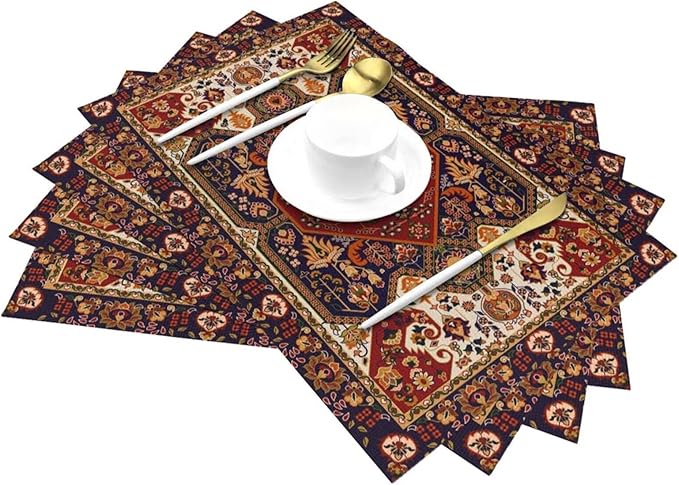 Persian Design Placemats Set of 4 Tribal Texture Boho Persian Rust Wipeable Table Mats Reusable Washable PVC Rectangle Place Mats for Kitchen Dining Home Decor 12x18 Inches