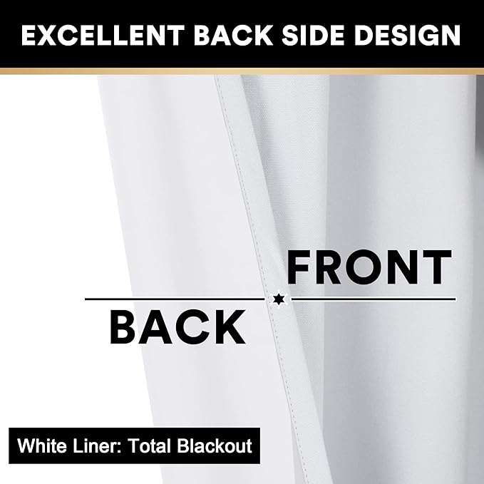 PrinceDeco Blackout Curtains 108 Inches Long 2 Panels Linen Blackout Curtains 100% Black Out Textured Thermal Insulated with White Liner Anti Rust Grommet Top,W52 x L108, Pure White