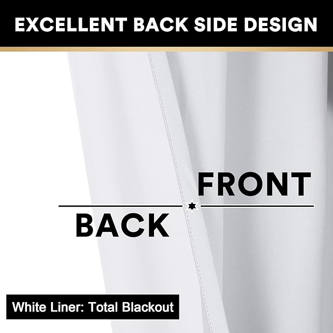 PrinceDeco Blackout Curtains 84 Inches Long Linen Blackout Curtains for Bedroom Light-Blocking Sleep Enhancers Anti-Rust Grommet Drapes with White Liner, W52 x L84 inch, Pure White