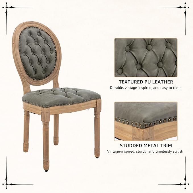 Vintage French Dining Chairs Set of 4, Round Back PU Leather Upholstered Side Chairs with Nailhead Trim and Solid Wood Frame, Sillas de Comedor for Dining Room & Kitchen, Olive Green