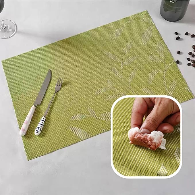 Leaf Placemats Set of 8 Non-Slip Heat-Resistant Vinyl Washable Place Mats for Kitchen Table Indoor Outdoor Durable (18"x12", Black)