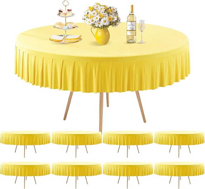 8 Pack Yellow Spandex Round Tablecloths for 72in Table, Stretchy Fitted 6FT Round Table Cloths, Wrinkle Free Table Cover with Skirt for Wedding Birthday Party Bridal Shower Banquet