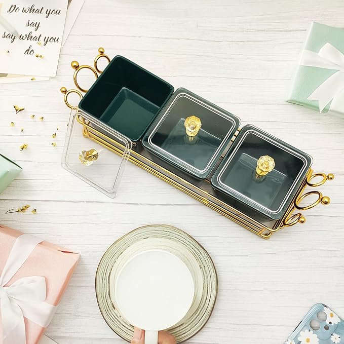 YA JU Ceramic Bowls and with Lid Gold Basket Trays, 3 Removable Small Bowls Condiment Trays Nut Serving Set for Snacks, Fruits, Candy and Condiments - Great for Parties, Green