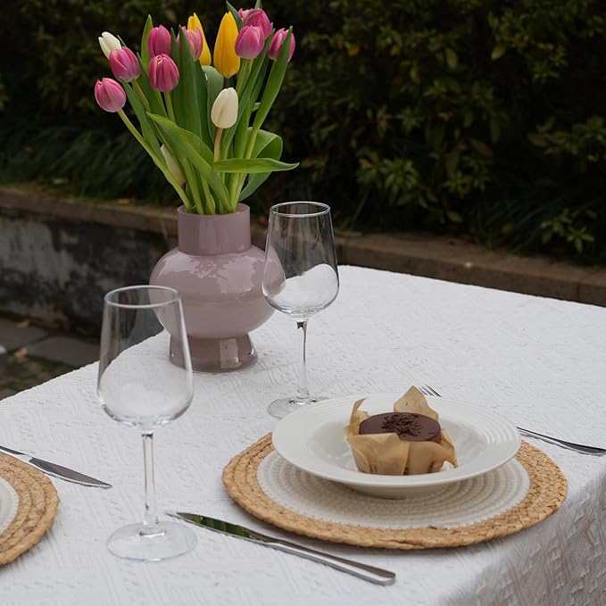 ANDSTAR Round Woven Placemats Set of 6, 12"x12", Natural Wicker Placemats, Water Hyacinth Straw Braided Placemats,Boho Place Mats for Farmhouse, Rustic Table (Water Hyacinth + White Cotton Rope)