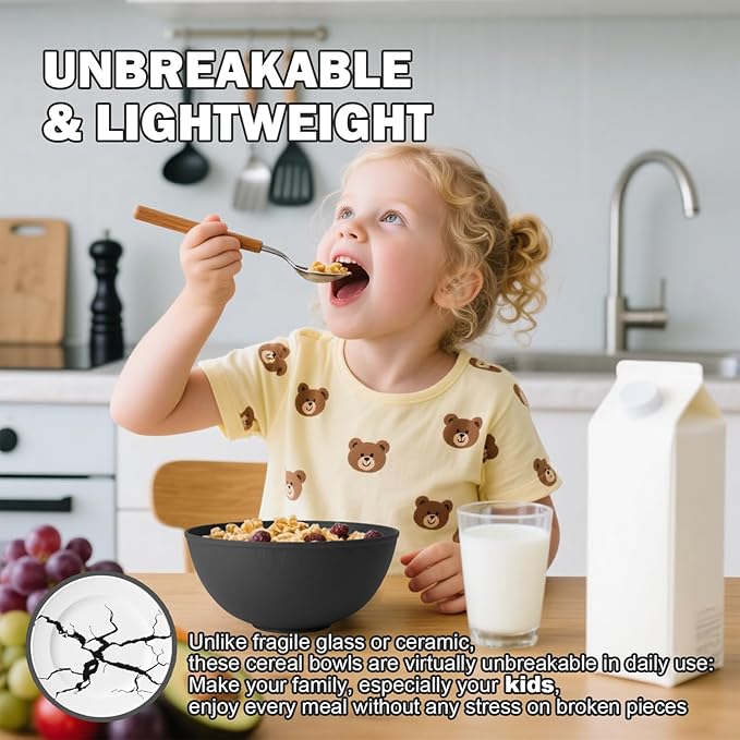 Unbreakable Cereal Bowls 40 OZ, Wheat Straw Bowls Set of 6, Anti Scald Extra Thick Soup Bowls, Reusable Plastic Bowl for Kitchen, Outdoor, Camping, RV, Black