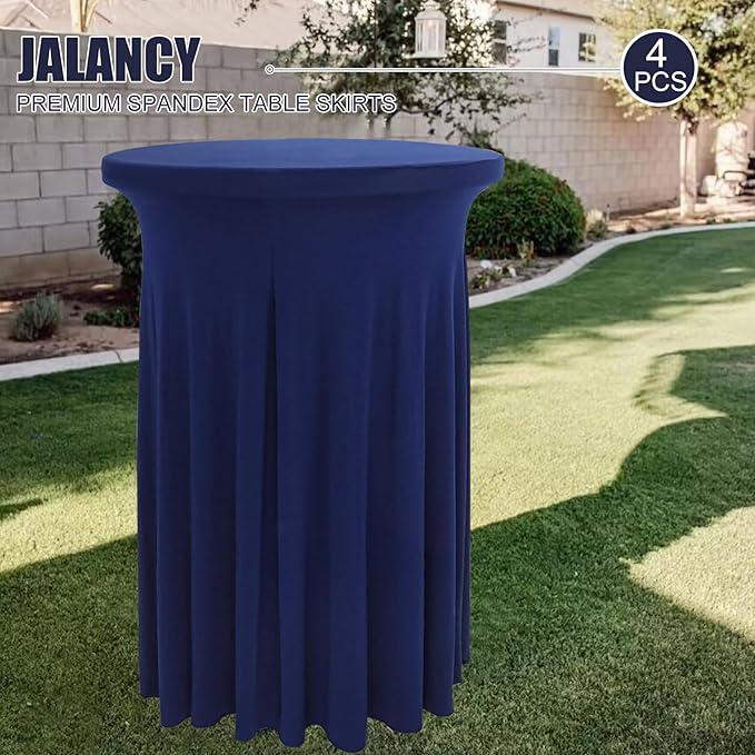 4 Packs 32 x 43 Inch Spandex Round Cocktail Table Skirts Stretch Cocktail Table Covers Fitted High Top Tables for Wedding Bar Party Banquet (Navy Blue)