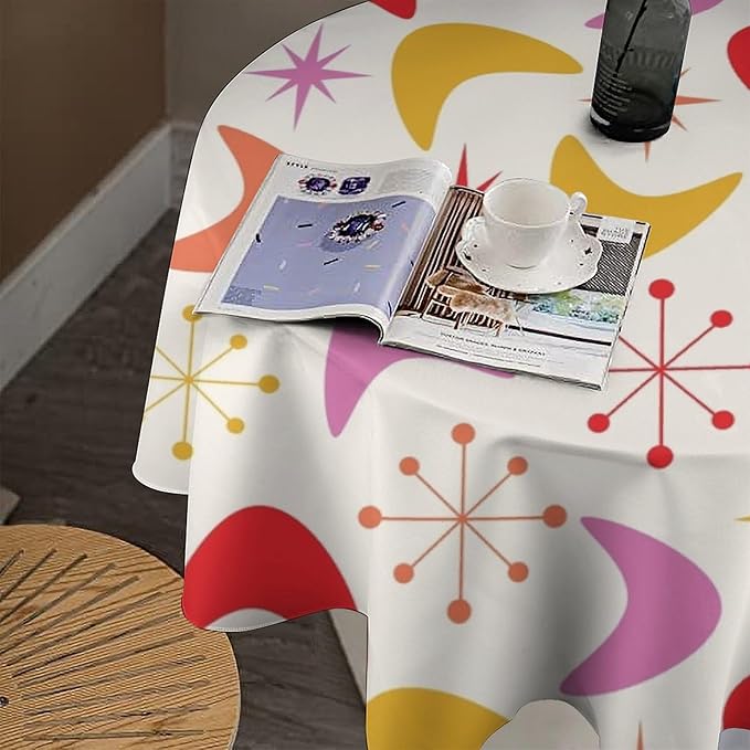 Mid Century Modern Round Tablecloth, Vintage Abstract Colorful Geometrics Modern Art Tablecloth for Home Party Dining Room Kitchen Decor 60Inch(152cm)