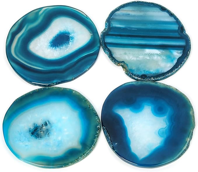 Agate Coaster Set of 4 for Drinks, Stone Coaster for Coffee Table 3.5-4" Geode Coaster Decor for Housewarming, Birthday, (Blue)
