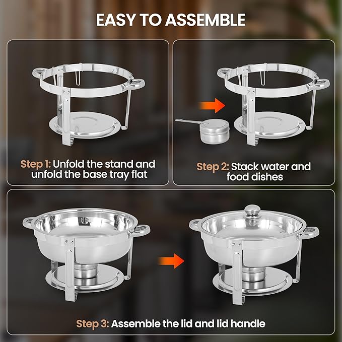 Rengue 6QT Chafing Dishes for Buffet, 4 Pack Stainless Steel Round Chafing Dish Buffet Set, Heating and Cooling Buffet Servers and Warmers, Food Warmers for Parties Buffet,Gatherings,Banquets,Weddings