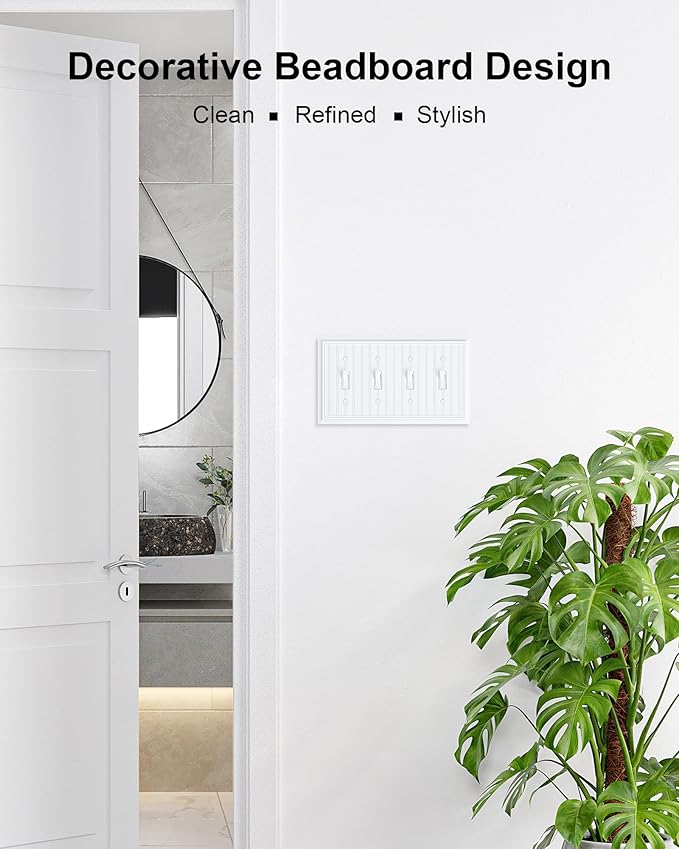 2-Pack Classic Beadboard Quad Toggle Light Switch Cover Plate, Pure White Decorative Switch Plate Covers, Natural Bamboo Fiber 4 Gang Wall Plate for Toggle Light Switch and Rotary Dimmer Switch