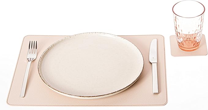 Nikalaz Set of Small 4 Table Mats and 4 Coasters, Recycled Leather, Place Mats 15.7'' x 11.8'' and Coasters 3.9'' x 3.9'' (Creamy White with Light Pink Nuance)