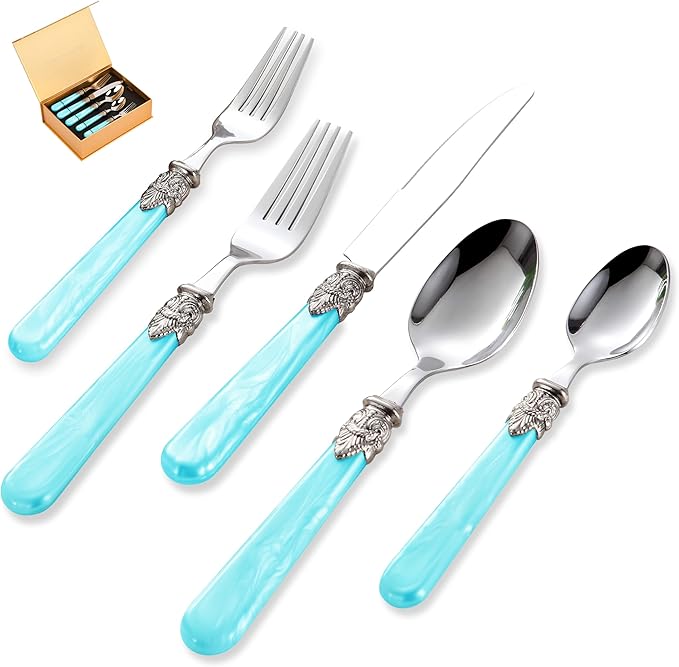20 pieces 18/10 Stainless Steel Silverware Sets With Blue Handle,Vintage Cutlery Sets,Sliverware set Service for 4,Dishware Safe (20, Blue)