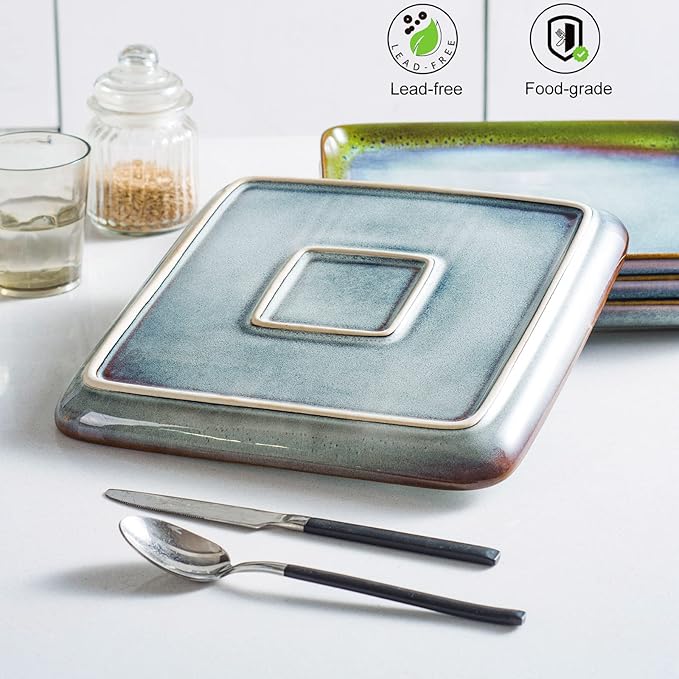 HENXFEN LEAD Square Ceramic Dinner Plates 11 Inch – Large Stoneware Serving Plates Set of 4 for Steak, Pasta & Salad, Microwave & Dishwasher Safe – Reactive Glaze Green