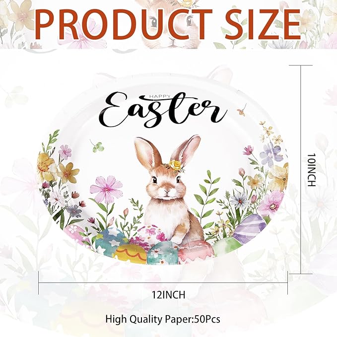 50PCS Easter Oval Paper Plates Easter Decorations 10" X 12" Large Easter Bunny Paper Plates Disposable Easter Party Plates Bunny Egg Flowers Tableware for Spring Easter Holiday Party Supplies