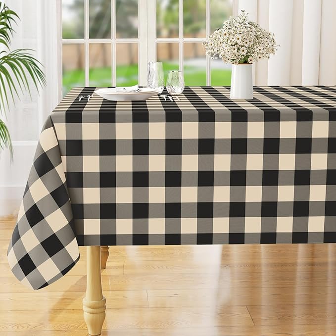 misaya Rectangle Waterproof Vinyl Table Cloth, Buffalo Flannel Backed Tablecloth, Wipeable Plastic Table Cover for Dinner, Kitchen, Outdoor (60" x 120", Black and Beige)