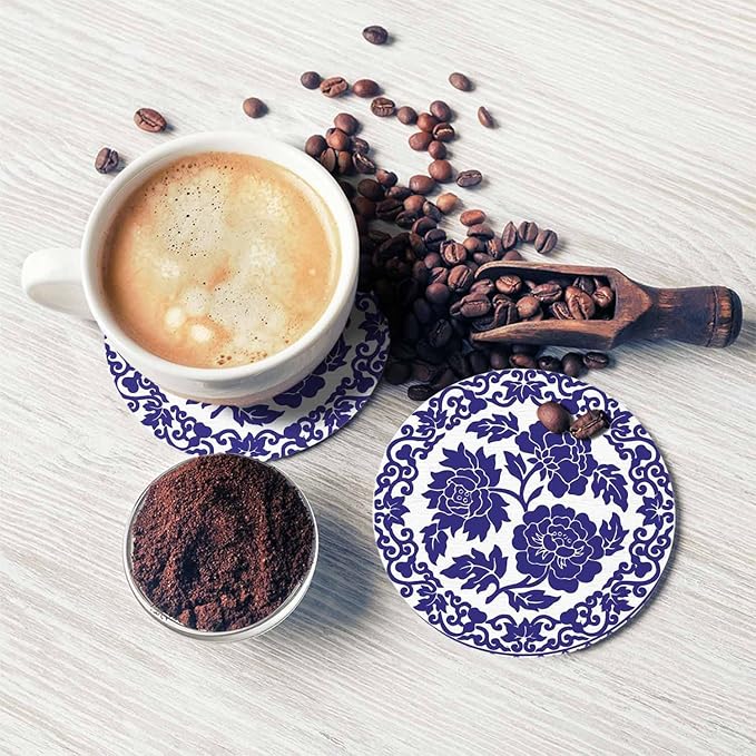 Blue Bouquet Cup Coasters for Table Polynesian Ornament Swirl Circle Totem Reusable Drink Coasters Set 2 Pcs Coffee Home Farmhouse Living Room Bar Decor