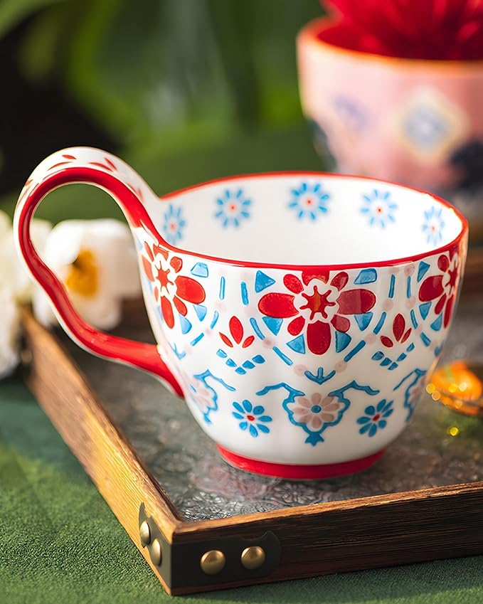 25oz Ceramic Soup Bowl with Handle – Handcrafted Floral Pottery Cereal & Ramen Bowl – Large Microwave & Dishwasher Safe Decorative Bowl for Everyday Use or Gift (Crimson Frost, 20oz)