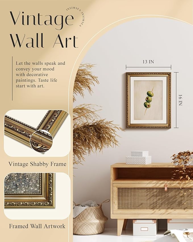 InSimSea Gold Framed Wall Art, Living Room Vintage Olives Oil Painting Wall Shelf Decor, Still Life Canvas Print Art, Home Farmhouse Decor, Antique Paintings with Picture Frame 13x16inch