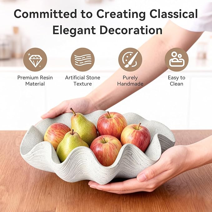 Scalloped Decorative Bowl Home Decor - 12.6" Modern Handicraft Large Shell Ruffle Decorative Fruit Bowl for Kitchen Counter, Chic Key Tray for Entryway Table, Artificial Stone White
