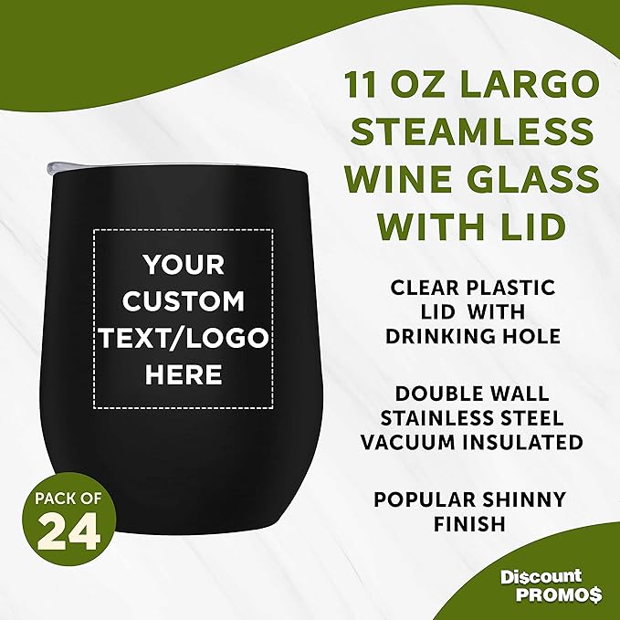 Custom Stemless Wine Glass Tumblers with Lids by Largo 11 oz. Set of 24, Personalized Bulk Pack - Perfect for Wine, Cocktails, Other Hot & Cold Beverages - Black