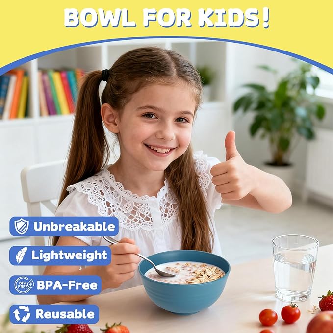 26 OZ Wheat Straw Bowls Set of 6, Reusable Plastic Kitchen Bowls, Unbreakable Bowls Set for Cereal, Salad, Snack, Soup, Ideal for Indoor & Outdoor, Microwave & Dishwasher Safe, Blue
