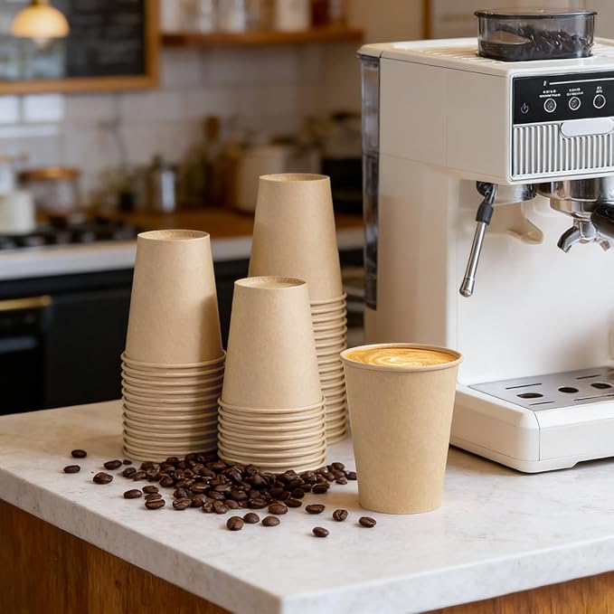 200 Pack 10 oz Kraft Paper Cups, Disposable Paper Coffee Cups, Brown Unbleached Drinking Cups for Hot/Cold Beverage, Home, Party, Cafes, Office, Bistros, Businesses