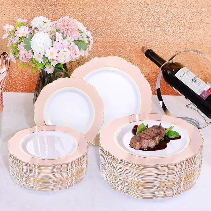 WDF 60pcs Pink Plastic Plates - 10.25inch Baroque Pink And Gold Disposable Dinner Plates for Upscale Parties -Special for Valentine's Party, Wedding, Birthdays