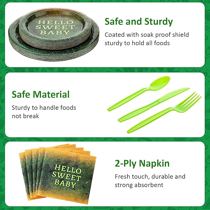 Yungyan 24 Sets Green Disposable Paper Plates and Napkins Forks Plates Nature Green Ogre themed Gender Reveal Themed Party Tableware Set Dinnerware for Baby Shower Bridal Shower Wedding