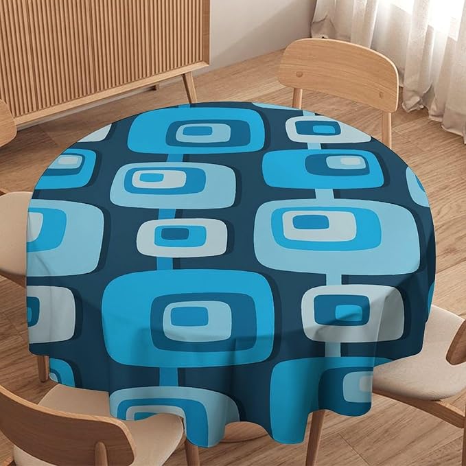 Mid Century Boho Round Tablecloth, Blue Mid Century Modern Art Abstract Geometric Pattern Retro Vintage Style Tablecloth for Home Party Dining Room Kitchen Decor 36Inch(90cm)