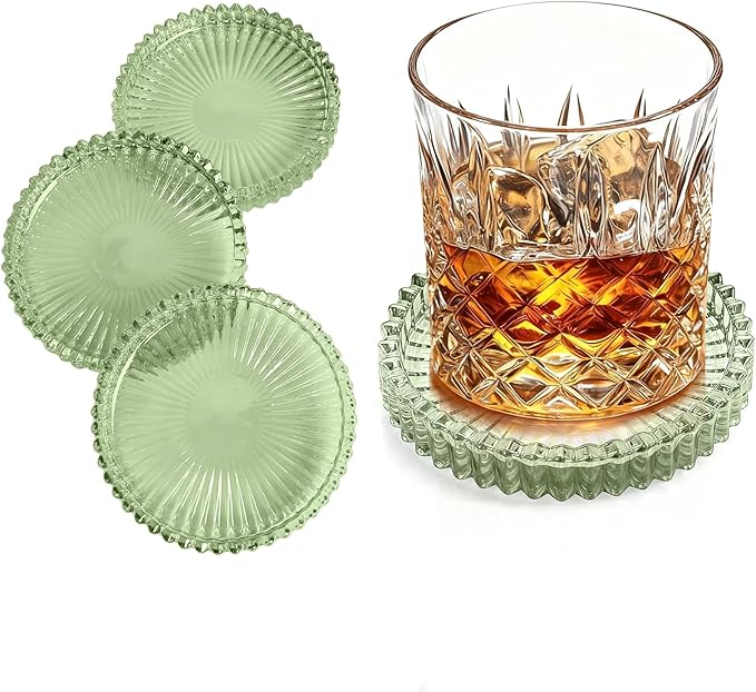 Glass Coasters Set of 4 for Drinks, Round Modern Set with Raised Edge Lip, Decorative & Aesthetic for Dining Table, Living Room, Office Desk