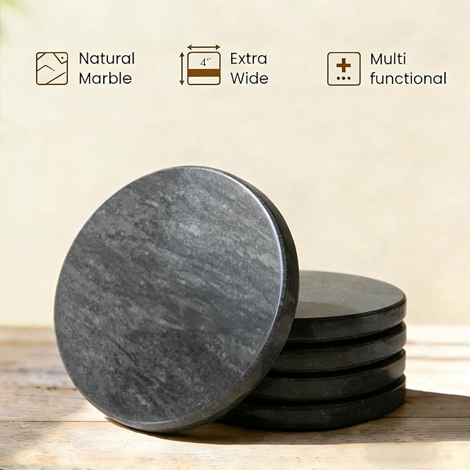 Natural Marble Coasters, Round Costers, Luxury Aesthetic Modern Decor for Coffee Table Bar Kitchen Home, Grey Marble, Real Natural Semi Absorbent Stone Coasters