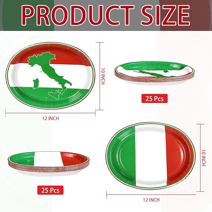 50Pcs Italian Flag Oval Paper Plates 10" x 12" Large Heavy Duty Italian Flag Disposable Dinner Plates Red White and Green Dessert Platters for Pizza Baby Shower Family Gathering Party Decorations