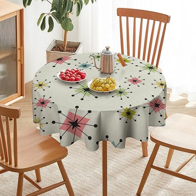 Retro Mid Century Round Tablecloth, Vintage Modern Colorful Abstract Geometric Art Bohemian Tablecloth for Home Party Dining Room Kitchen Decor 50Inch(127cm)