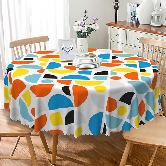 Laeacco 54 Inch Geometric Round Tablecloth Colorful Sector Circular Pattern Modern Abstract Art Print Table Cloth Washable Waterproof Wrinkle Free Table Cover for Kitchen Dining Picnic Party Decor