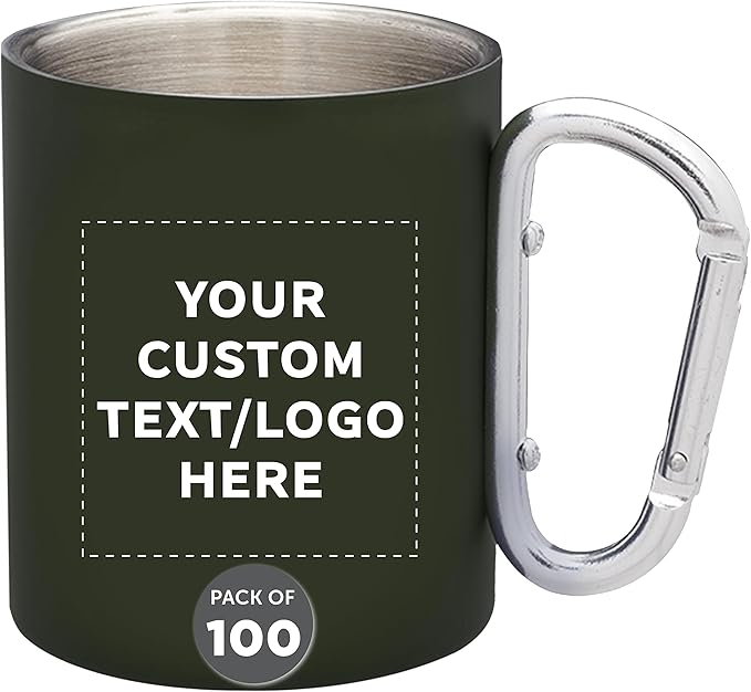 Custom Stainless Steel Mugs with Carabiner Handle 10 oz. Set of 100, Personalized Bulk Pack - Perfect for Coffee, Soda, Other Hot & Cold Beverages - Army Green