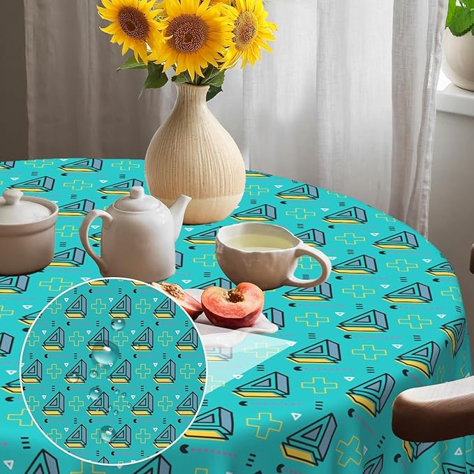 Laeacco 60 Inch Geometric Round Tablecloth Turquoise Triangle Pattern Modern Abstract Art Print Table Cloth Washable Waterproof Wrinkle Free Table Cover for Kitchen Dining Picnic Party Decoration