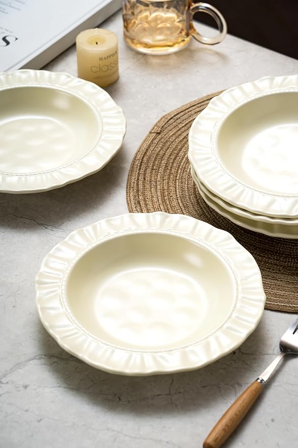 Ceramic Soup Bowls 8.6 in, Pasta Bowls & Plates, Cream color Floral-Embossed Wide Rim Shallow Bowls Set of 2, Italian Carving Design, Matte Finish Porcelain, Microwave & Dishwasher Safe