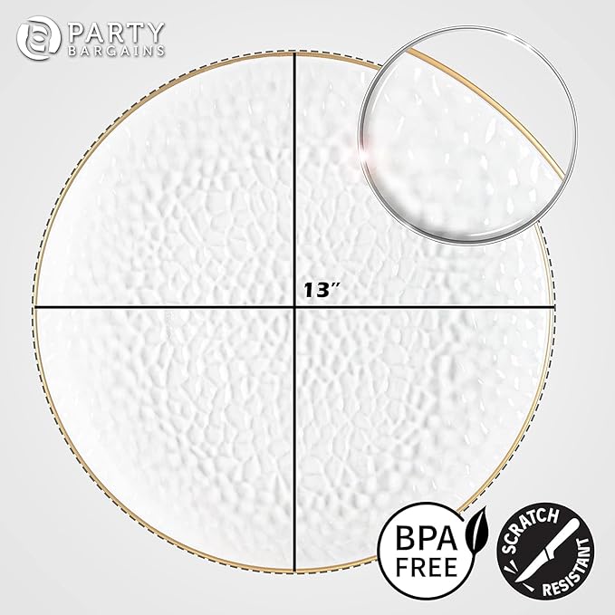 PARTY BARGAINS 13-Inch Charger Plates - 16 Pack, Hammered Clear Gold Rim, Heavy-Duty Disposable Chargers for Elegant Dining - Ideal for Weddings and Formal Events