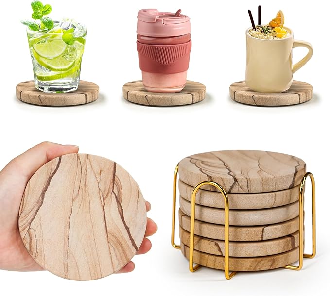 Natural Sandstone Coasters Set of 6 with Holder, 4 in Dia, Round, Heat Resistant & Absorbent, for Home & Office