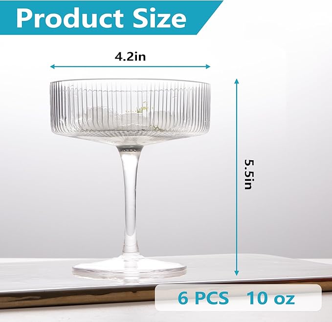 Montex 6 Pcs Ribbed Coupe Glasses, 10 oz Martini Glasses, Classic Vintage Cocktail Galssware, Pefect for Cocktail, Champagne and Gift