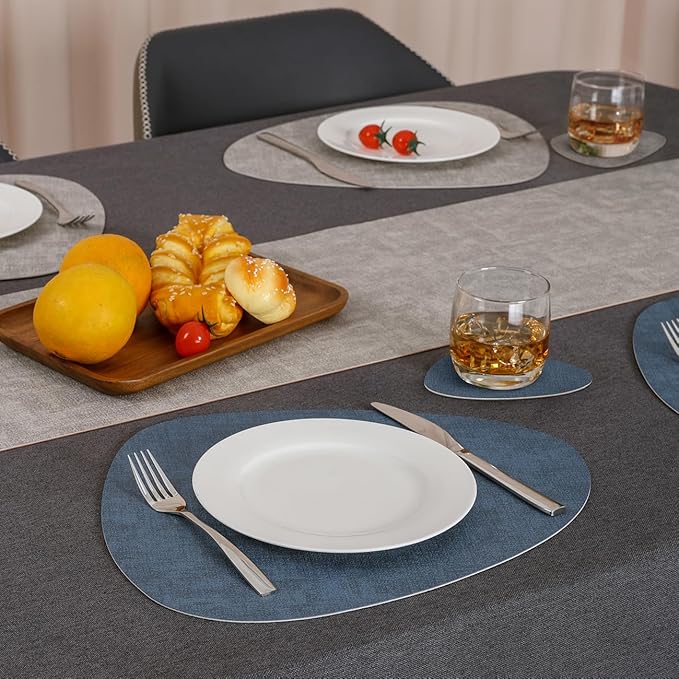 Placemats and Coasters, Washable Placemats Round Faux Leather Wipeable Place Mats Non Slip Heat Resistant Indoor Outdoor Table Mats (Set of 6, Light Gray Navy Blue)