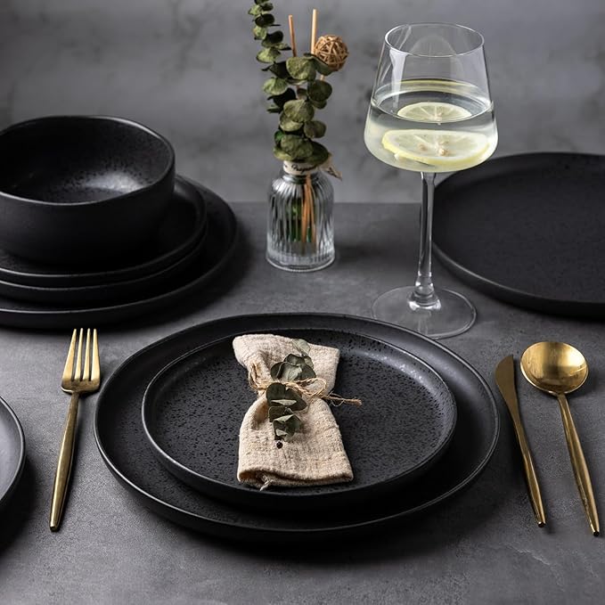 AmorArc Ceramic Dinnerware Sets, Wavy Rim Stoneware Plates and Bowls Sets,Dishwasher & Microwave & Oven Safe Dishes set, Service for 4 (12pc)-Charcoal Matte